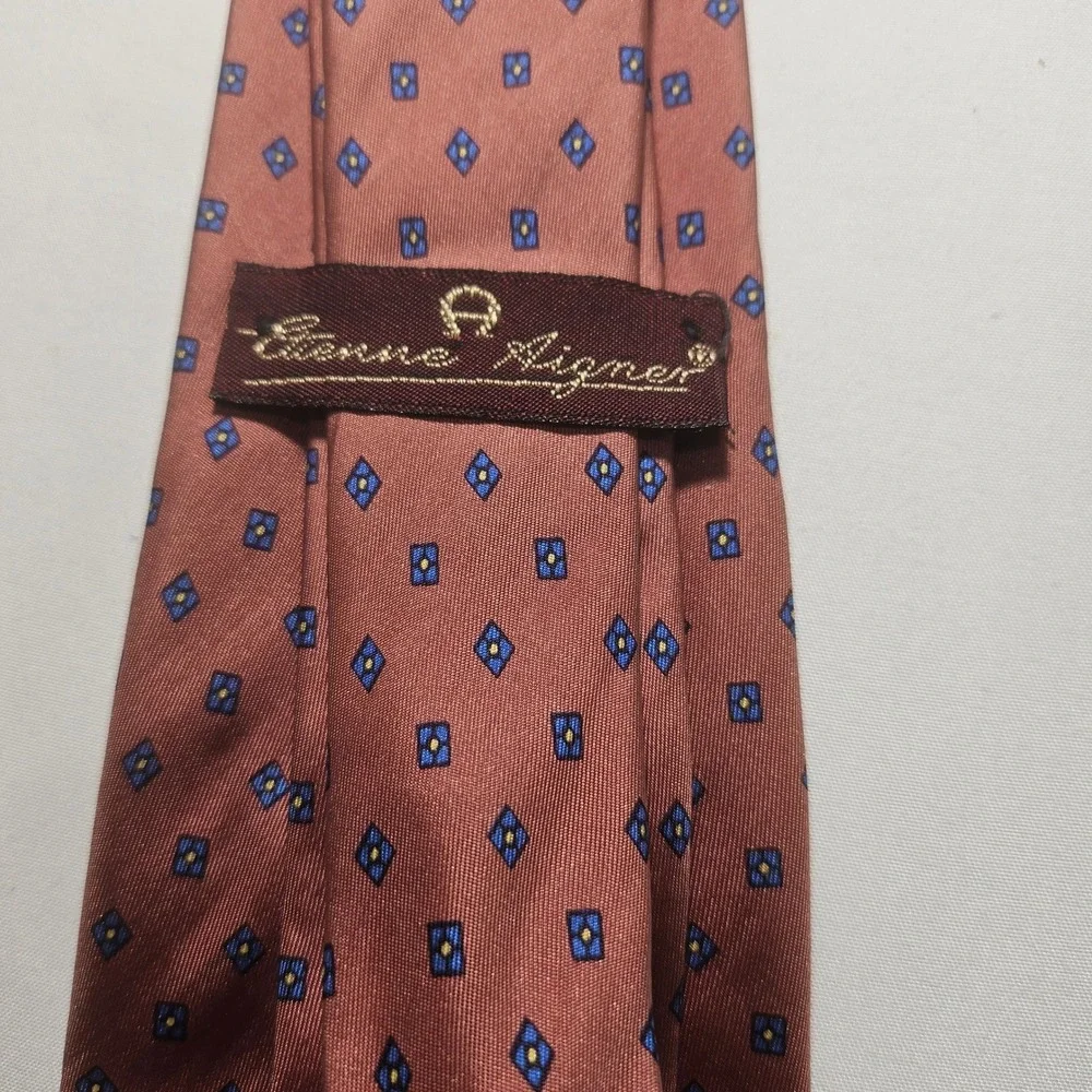 Etienne Aigner Mens Silk Tie Rust Geometric Diamond Pattern Professional Formal